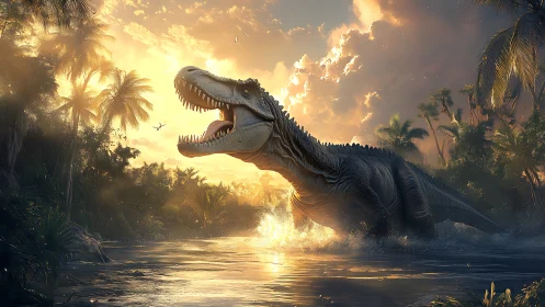 Carnivorous dinosaur storms river under blazing sunset sky.
