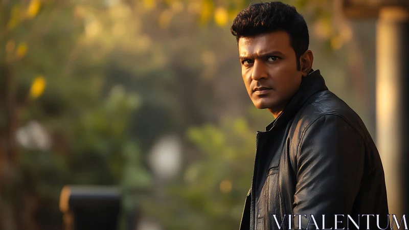 Man in black leather jacket gazes intensely outdoors.