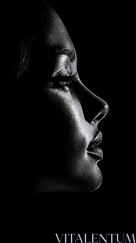 Side-lit female profile in dramatic monochrome contrast.