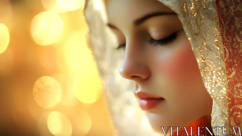 Golden-lit serene portrait of veiled woman in profile.