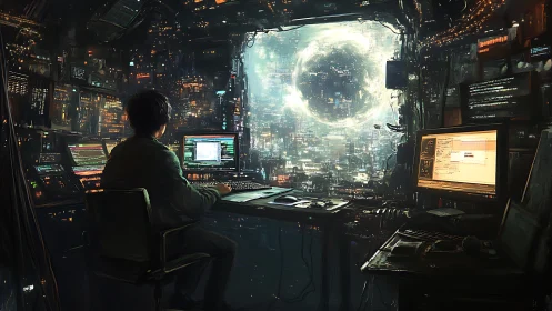 Solitary code pilot staring into a neon-breathing data void.