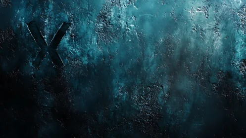 Textured teal abstract wall with engraved X mark left aligned.