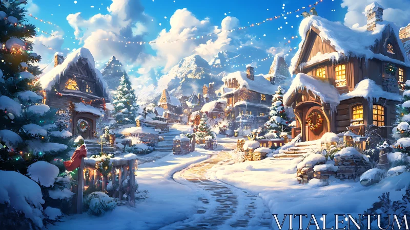 Snow-dusted village street glows in storybook winter twilight