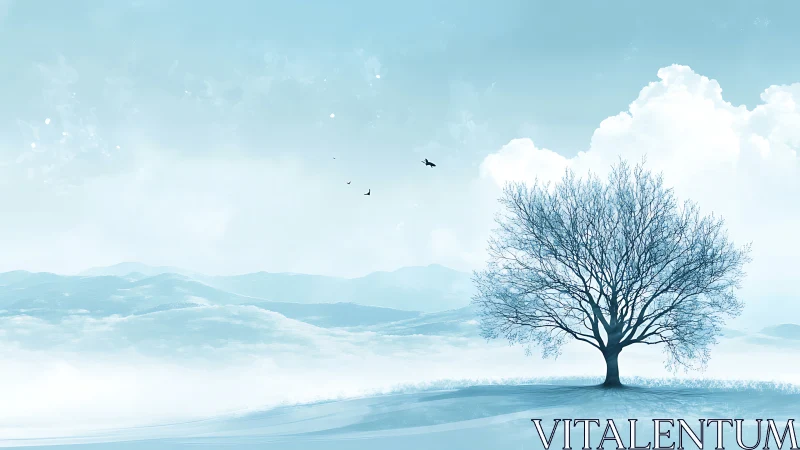 Solitary winter tree over misty blue hills landscape.