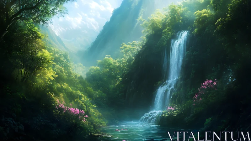 Lush jungle waterfall under ethereal morning light.