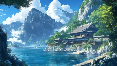 Mountain lake temple complex rendered in luminous digital realism