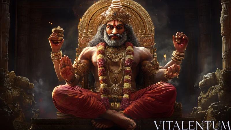 Divine warrior deity on golden throne in temple interior.