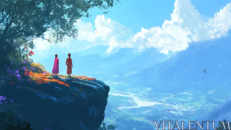 Two figures on cliff edge overlooking wide valley landscape.