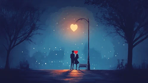 Moonlit Romance Under Street Lamp.