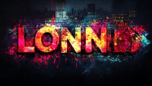 Neon graffiti London typography on urban night skyline wall.