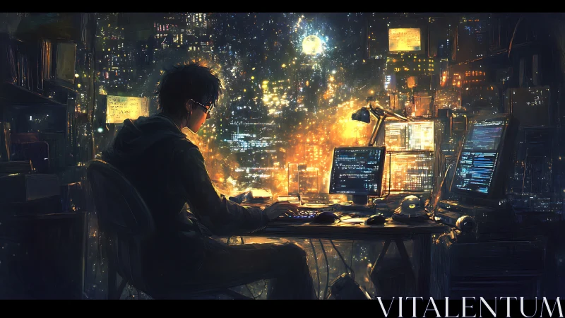 Midnight coder weaving neon constellations across screens.