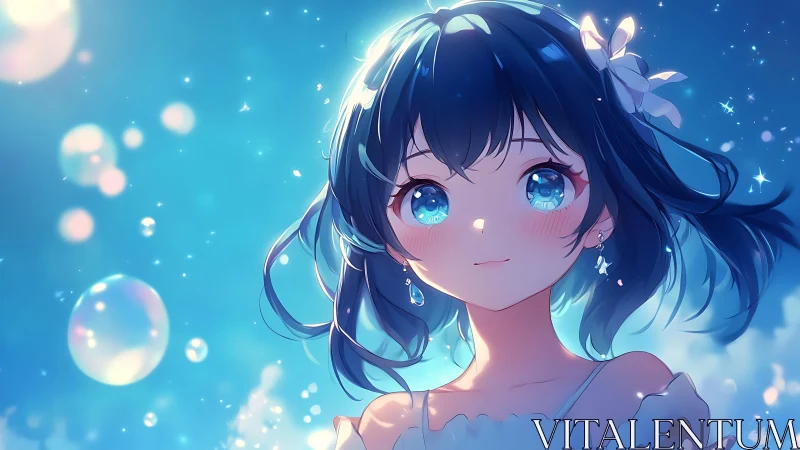 Blue-eyed anime girl under glowing bubbles at dusk.