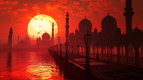 Crimson domed skyline silhouetted against oversized sunset orb.