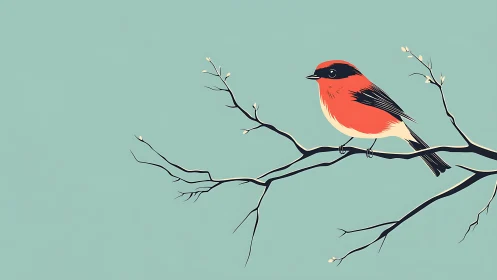 Minimalist illustration of red bird on branch with blue background.
