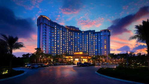 Modern resort hotel tower at dusk with lit windows and entry.