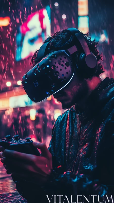 VR gamer in neon city rain with controller and headset.