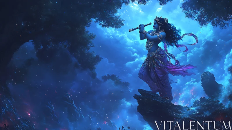 Moonlit flute bearer summoning storm-bright celestial winds.