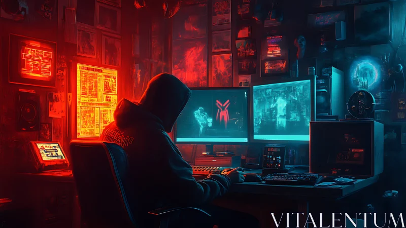 Hooded operator in neon-lit dual-monitor cyber intrusion setup