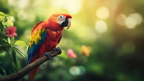 Vibrant Scarlet Macaw on Branch in Lush Tropical Garden, Soft Glow.