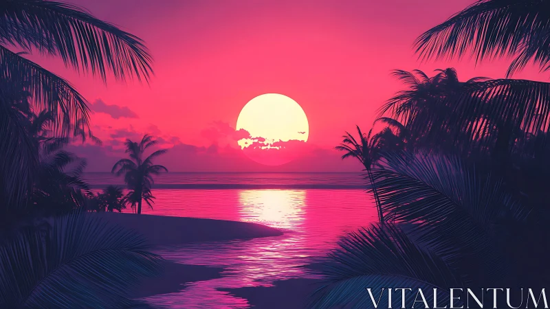 Neon tropical sunset over palm-framed reflective shoreline.