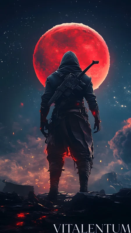 Lone wanderer stands beneath a glowing red moon.