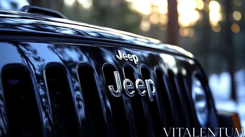 Chrome Jeep badge catches forest light like quiet thunder