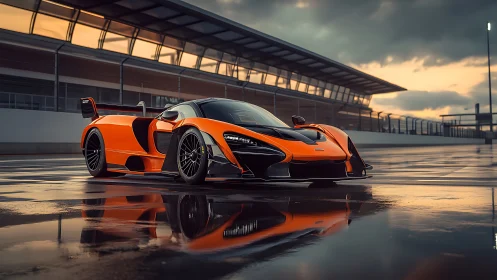 Orange track-focused sports car stands on wet racing circuit