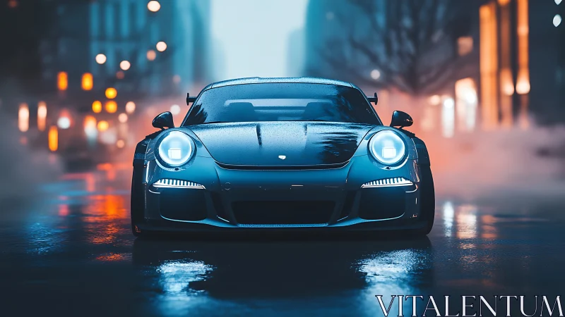 Sport coupe headlights cutting through moody wet city night.