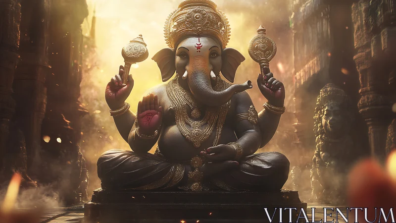 Golden light gently crowns a serene Ganesha statue