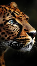 Close lateral profile of spotted big cat against dark field.