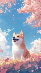 Corgi enjoys spring beneath drifting cherry blossoms.