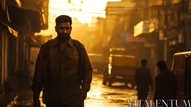Gritty urban portrait in cinematic golden hour backlight.
