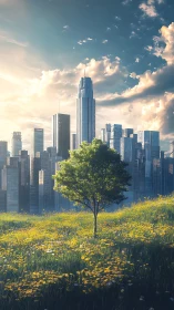 Solitary green tree rises before luminous modern skyline.