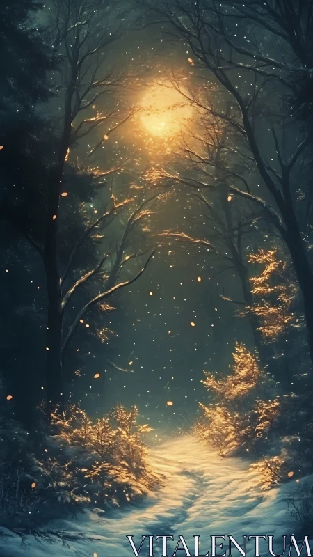 Snowy forest path under warm glowing winter light.