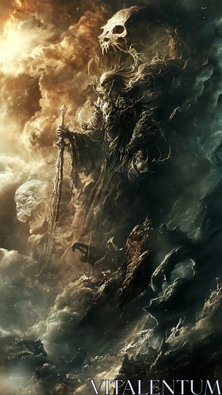 Skull crowned warlord emerges through burning storm clouds.