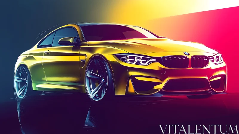 Yellow sports coupe rendered with vibrant neon gradients