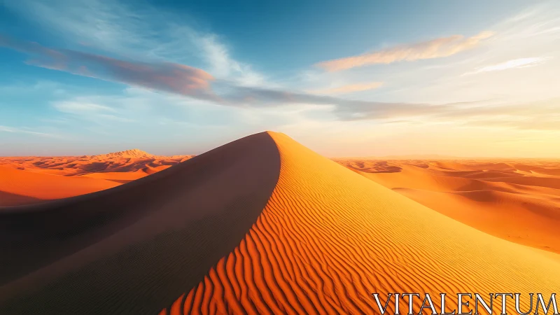 Desert dune ridge glows under low golden sunrise light.