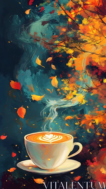 Steaming latte art cup framed by swirling autumn leaves.