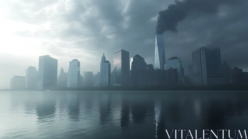 Smoke-topped skyline mirrored on misty waterfront horizon.