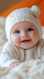 Infant wearing knit cap and sweater against orange background