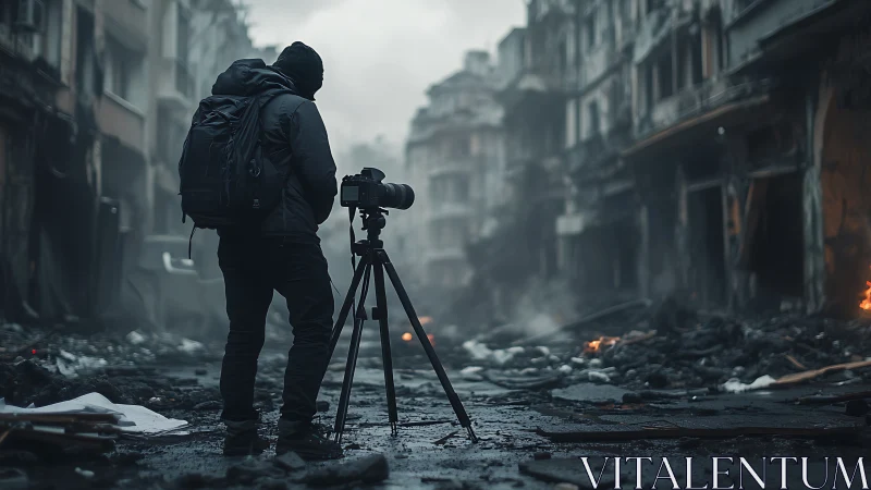 War photographer documenting ruins in destroyed city street.