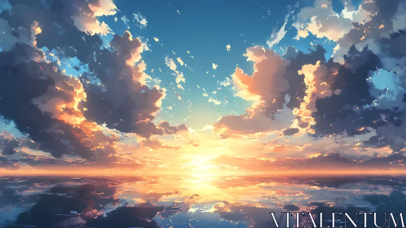 Digital seascape horizon with reflective clouds and sunset.