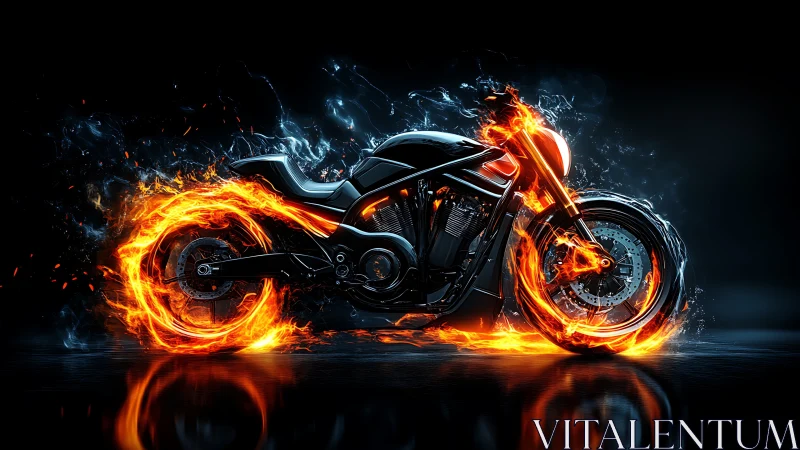 Fire-wreathed midnight motorcycle roaring through emberscape.