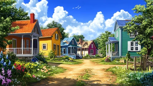 Colorful wooden cottages on sunny rural dirt crossroads