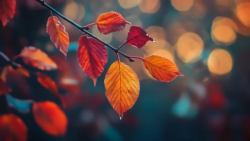 Autumn leaves glow against dreamy golden bokeh background.