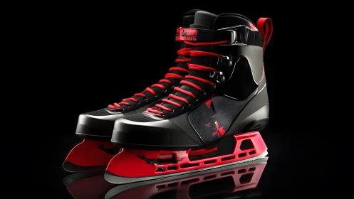 Modern black and red ice hockey skates with a sleek futuristic design.