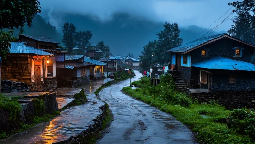 Wet village road at dusk with lit houses and misty hills.