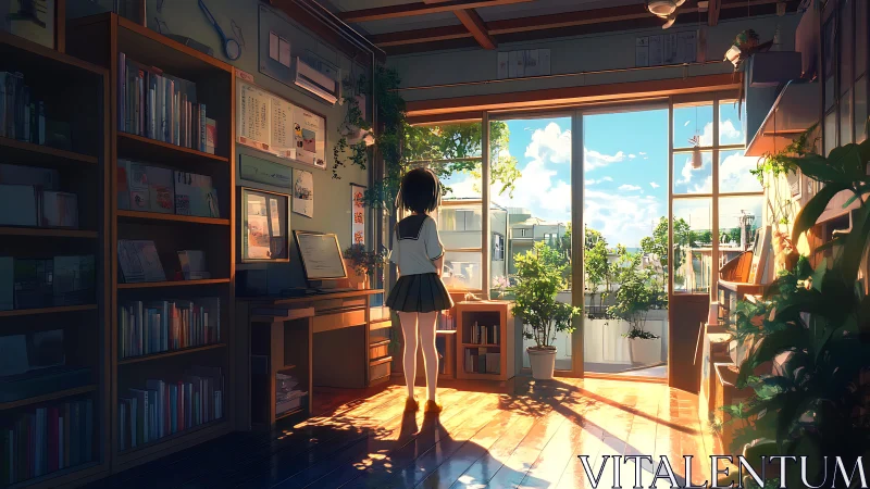 Girl in sunlit study overlooking quiet suburban rooftops.