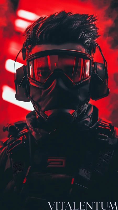 Tech-clad operative in red neon backlight dominates frame