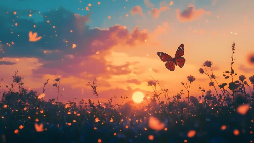 Monarch butterfly glides over glowing meadow at sunset sky.